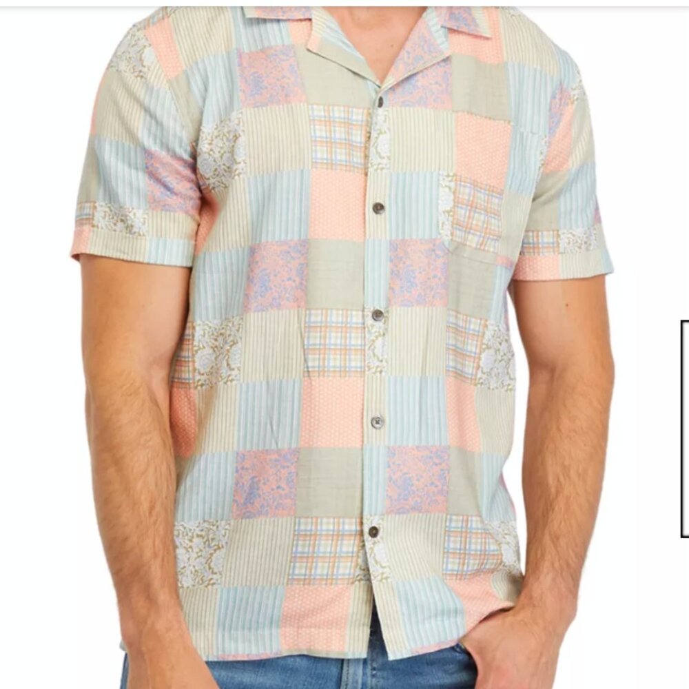 Truth by Republic Mens Linen Blend Patchwork Button Up Shirt Size Medium